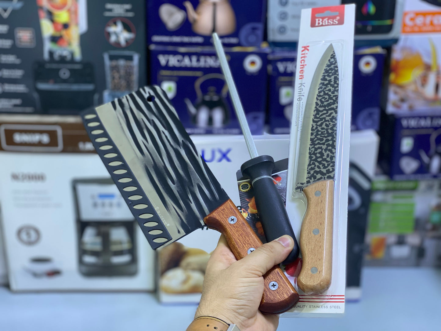 3 in 1 Bass Chief Cleaver Knife Sharpener and knife with straps