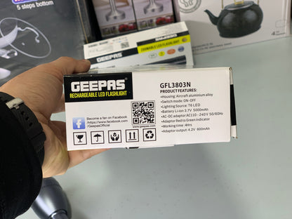 Rechargeable Geepas Handheld Flashlight 4 Hours Backup Aluminum Body and Li-ion 2*18650 3.7v Battery 5000mAh