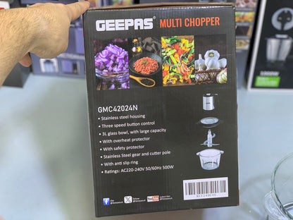 Geepas Multi-Functional Chopper – 5L Bowl | 500W Motor | Stainless Steel Blades | 2-Year Warranty